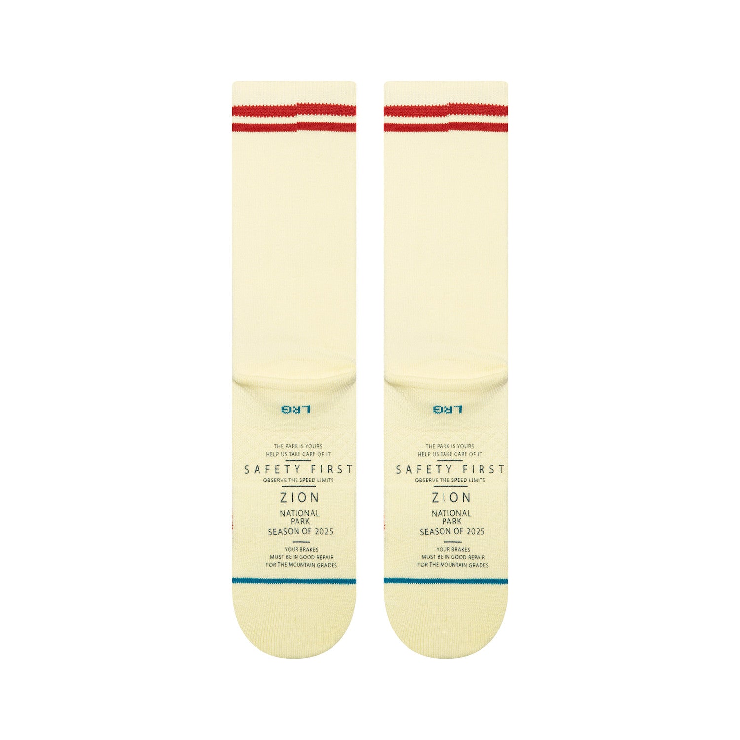 Pair of stance crew socks with red and blue zion national park design on a white background
