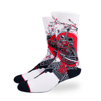 white pyvot men's socks featuring a striking design of the iconic rising sun, cherry blossoms, and a samurai warrior