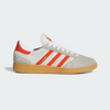 grey men's adidas busenitz skate shoes with 3 red and yellow stripes and a gum sole