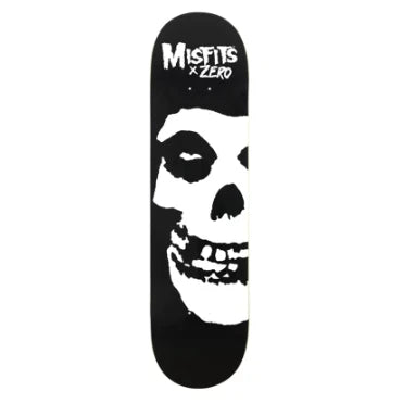 misfits x zero skateboard deck in black with white skull logo and text on a white background