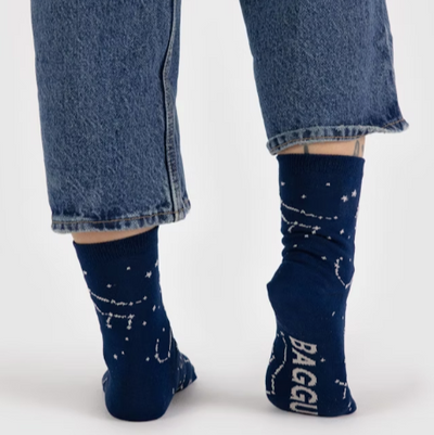 blue baggu crew sock featuring white stitched constellation