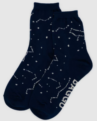 blue baggu crew sock featuring white stitched constellation