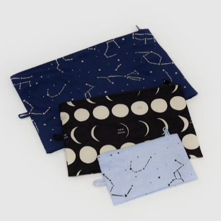 3 sizes of constellation and moon go pouches from baggu that can be used for makeup or whatever you need to store in them