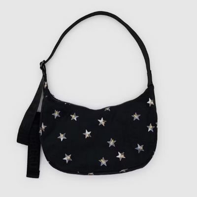 black medium baggu crescent shaped bag with silver stars