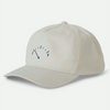 Off white brixton hat with a gas gauge on the front in blue with needle pointed at empty and running on empty printed on the back