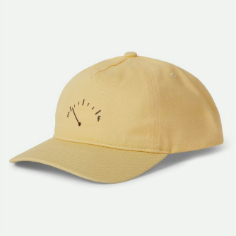 Off white brixton hat with a gas gauge on the front in blue with needle pointed at empty and running on empty printed on the back