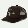 brown brixton trucket hat featuring a martini and the phrase out of office in white