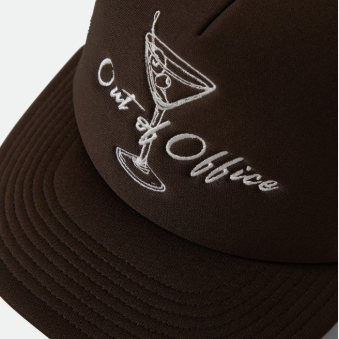 brown brixton trucket hat featuring a martini and the phrase out of office in white