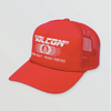 red volcom road tested cheese trucker hat with Volcom Stone Built, Road Tested in white