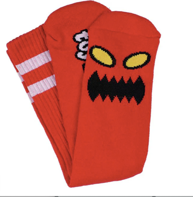 red toy machine monster face men's crew socks