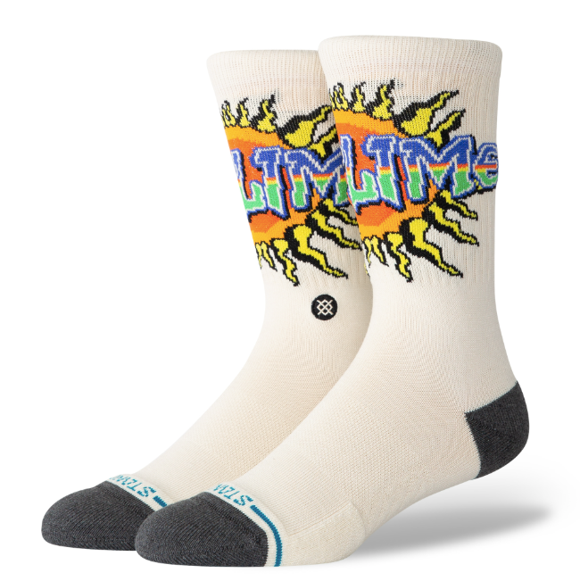 stance x sublime collaboration crew sock featuring an off white sock with multi-colored sublime font over an orange and yellow sun