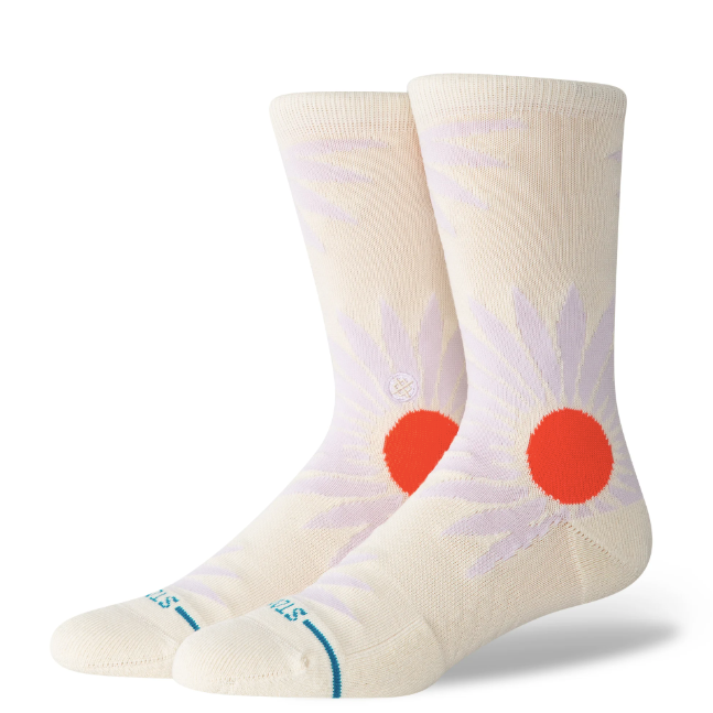 women's tan stance crew socks with orange flower and white pedals 