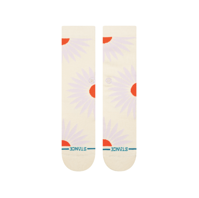 women's tan stance crew socks with orange flower and white pedals
