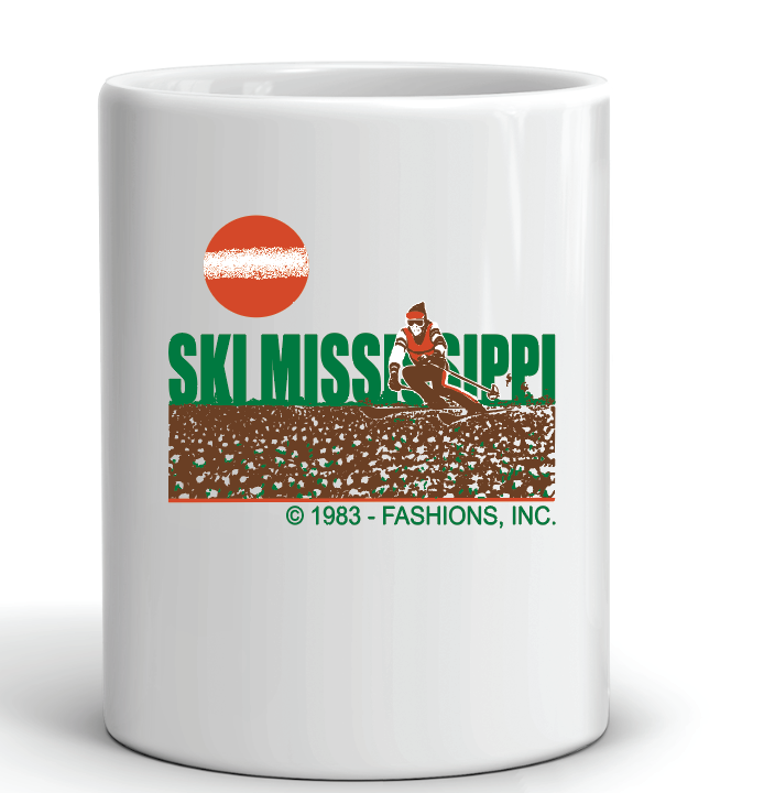 coffee mug featuring the ski mississippi logo in green brown and orange