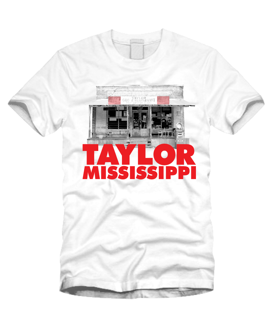 white tee shirt featuring the taylor grocery restaurant in taylor mississippi