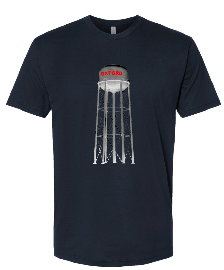 navy blue tee shirt featuring a water tower with the word oxford