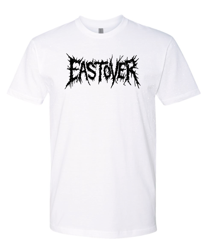 White t-shirt with black 'Eastover' logo on a white background
