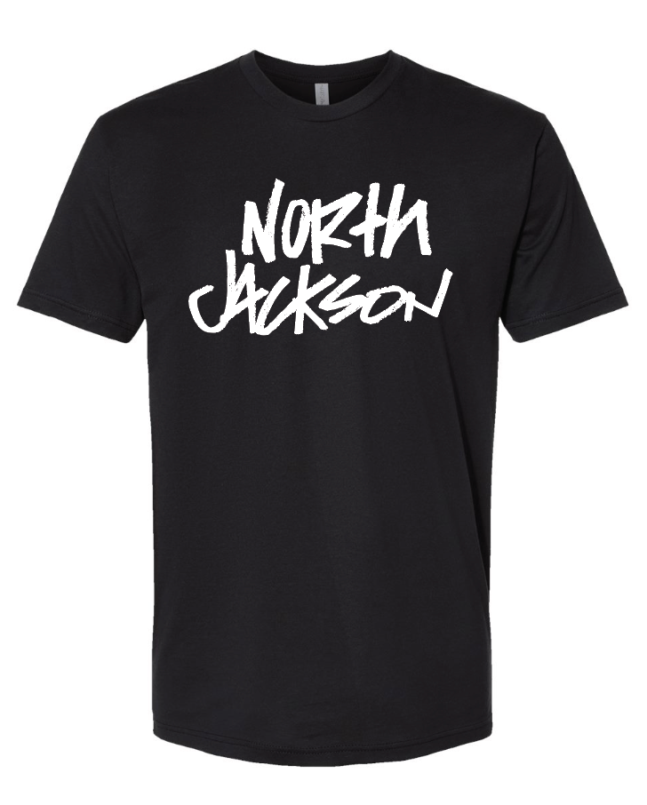 Black t-shirt with 'North Jackson' text on a white background