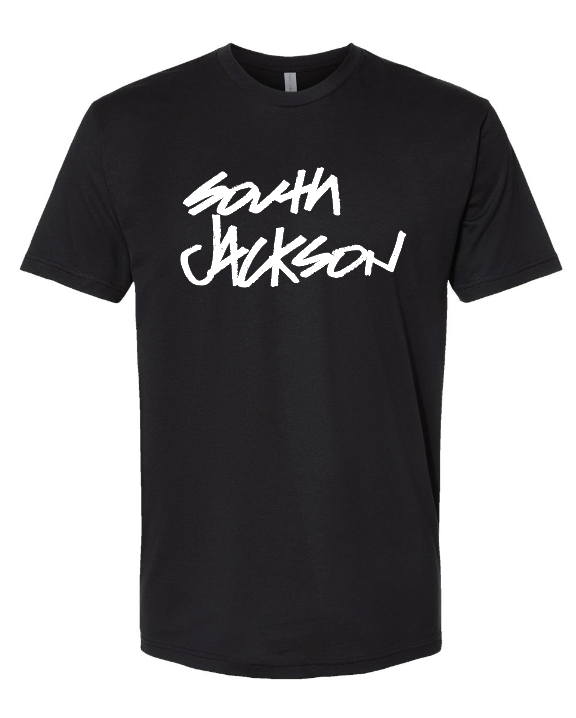 Black t-shirt with 'South Jackson' text in white on a white background