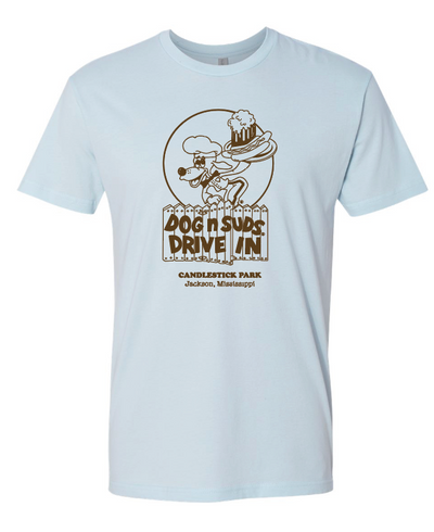 blue dog n suds drive in candlestick park jackson ms t-shirt with a graphic design of a cartoon dog holding a beet and hotdog on a tray character and text on a white background