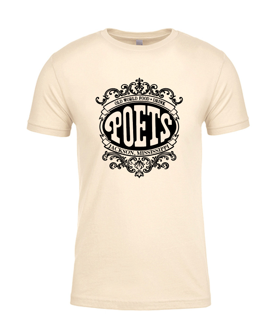Beige t-shirt with black 'POETS - jackson ms' graphic design on a white background