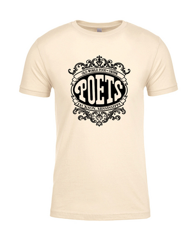 Beige t-shirt with black 'POETS - jackson ms' graphic design on a white background