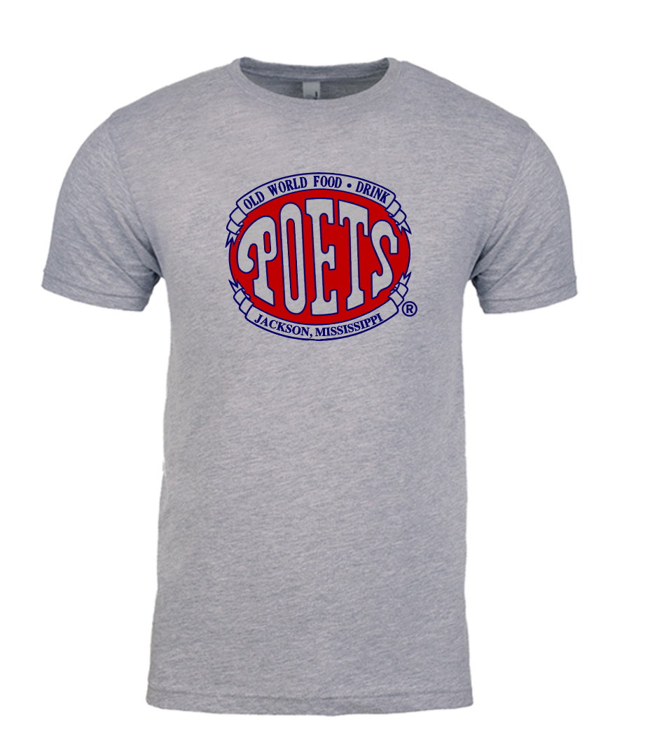 Gray t-shirt with a red and blue lPOETS JACKSON MS ogo on a white background