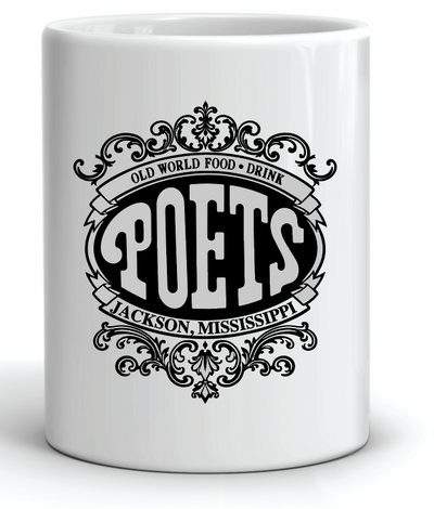 White mug with black decorative poets text design on a white background