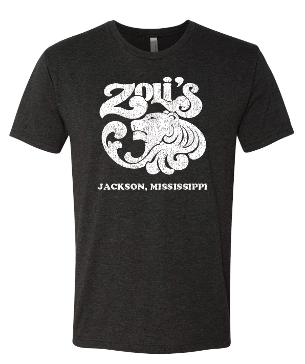 A dark heather gray short-sleeve t-shirt with a distressed white graphic on the front featuring a lion head and the text 'Zoli's Jackson, Mississippi'.