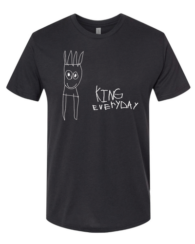 A black short-sleeve crewneck t-shirt featuring a white hand-drawn style graphic of a cartoon character with a crown and the text 'KING EVERYDAY' printed on the front.