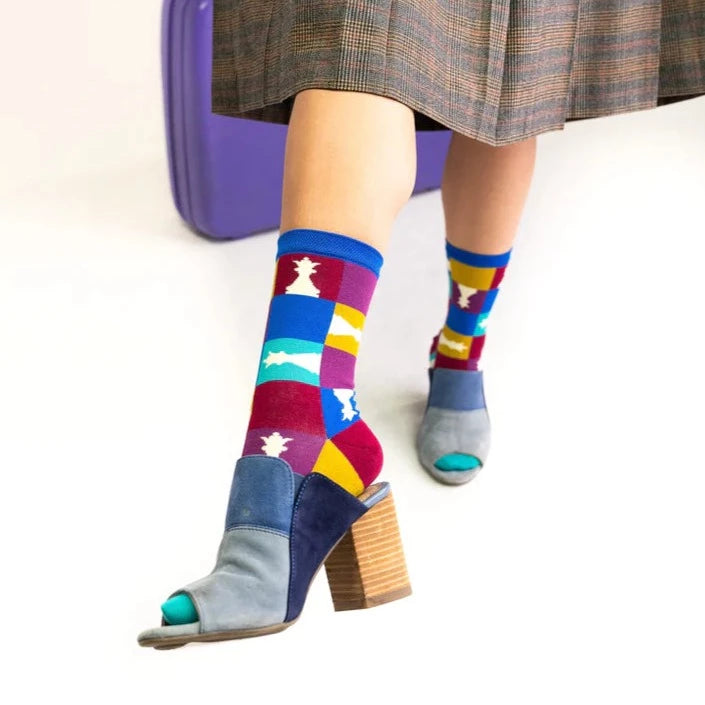 multi colored women's '90s Colorblock Chess Crew Sock