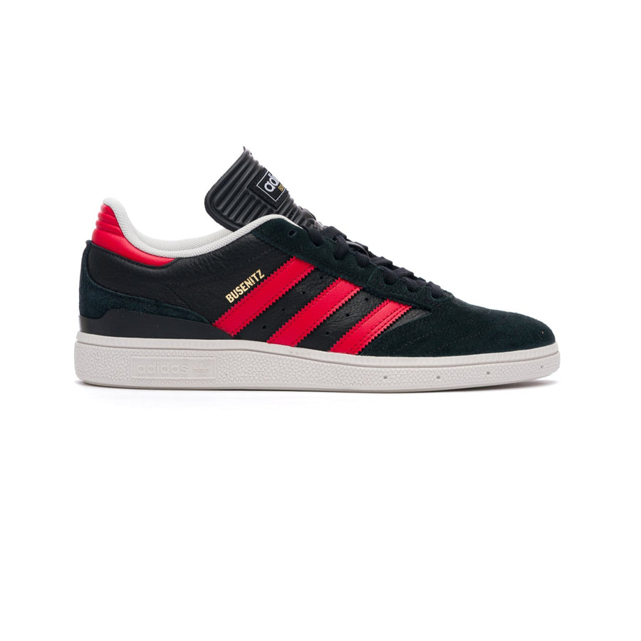 Black and red adidas skateboarding sneaker with three stripes on a white background