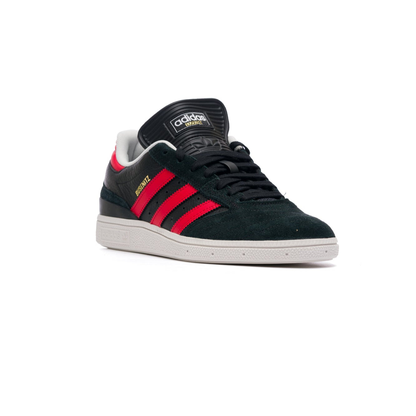 Black and red adidas skateboarding sneaker with three stripes on a white background