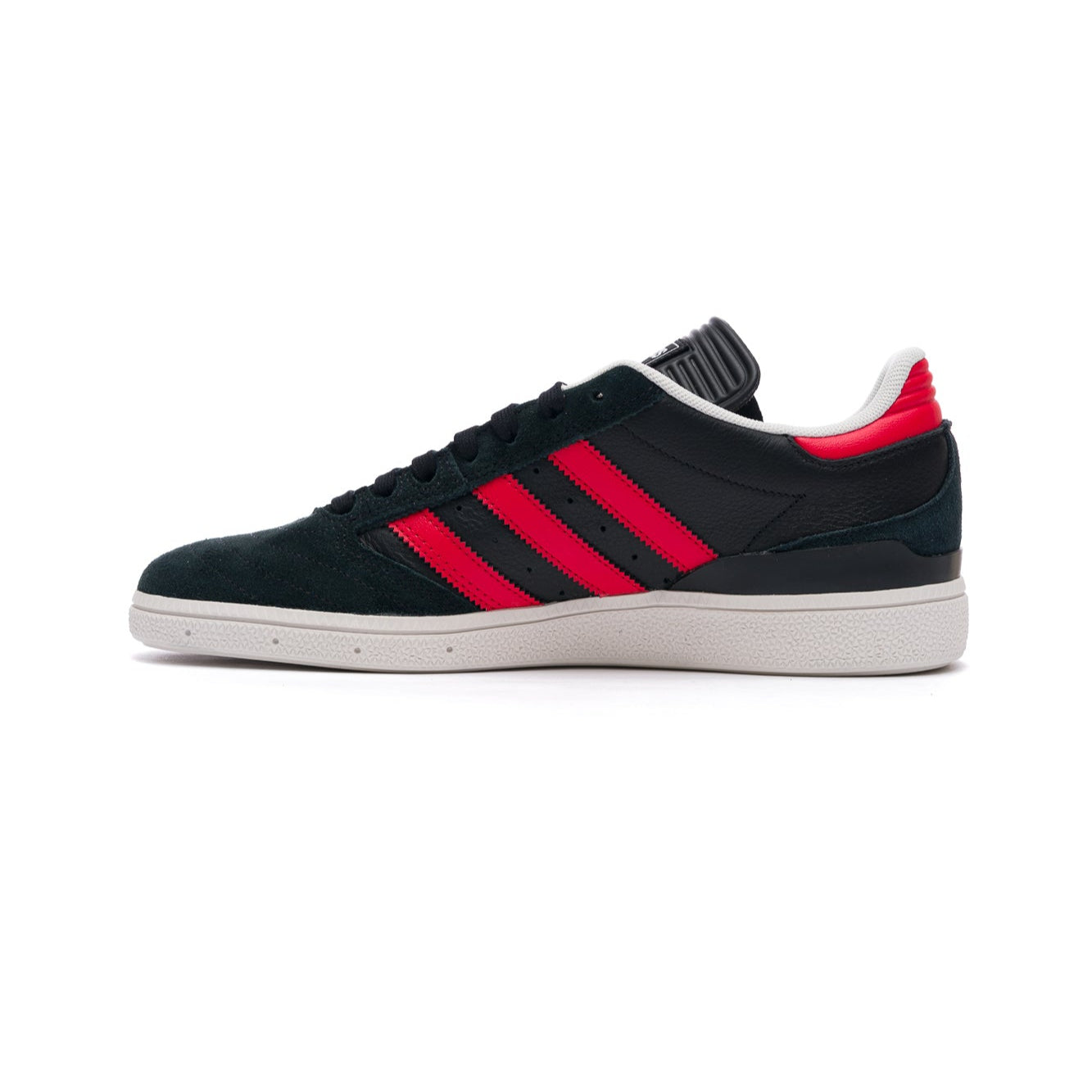 Black and red adidas skateboarding sneaker with three stripes on a white background