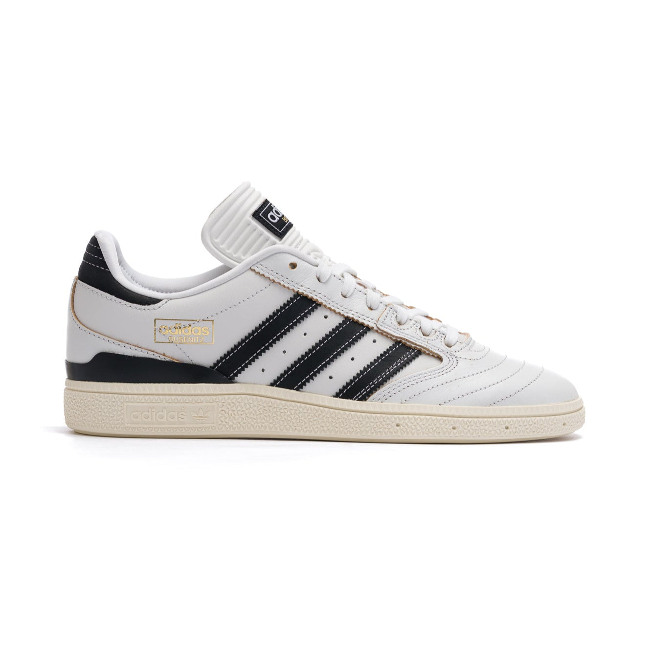 white leather adidas men's busentiz skateboard shoes with black stripes and off white sole