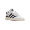 white leather adidas men's busentiz skateboard shoes with black stripes and off white sole