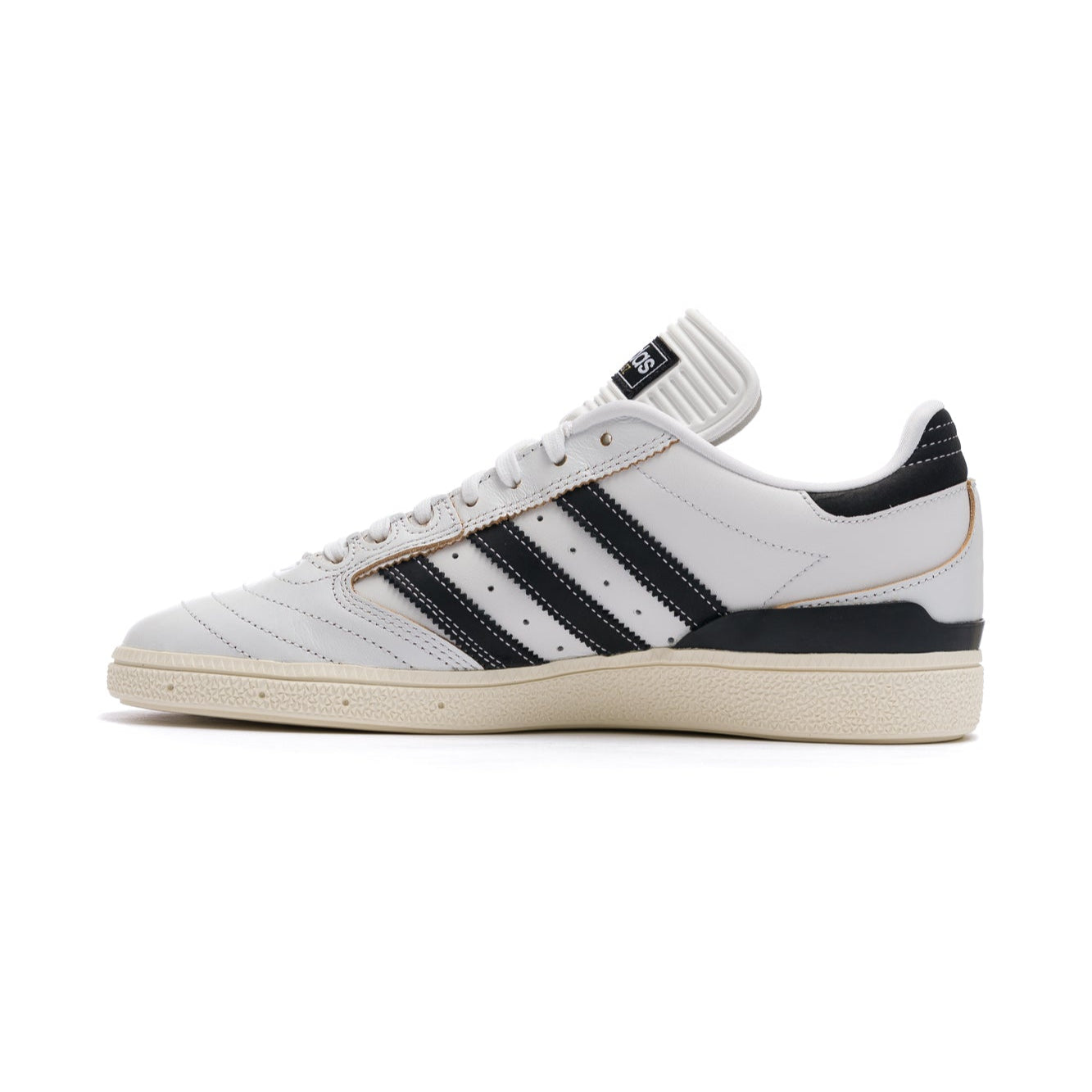 white leather adidas men's busentiz skateboard shoes with black stripes and off white sole