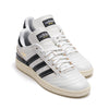 white leather adidas men's busentiz skateboard shoes with black stripes and off white sole