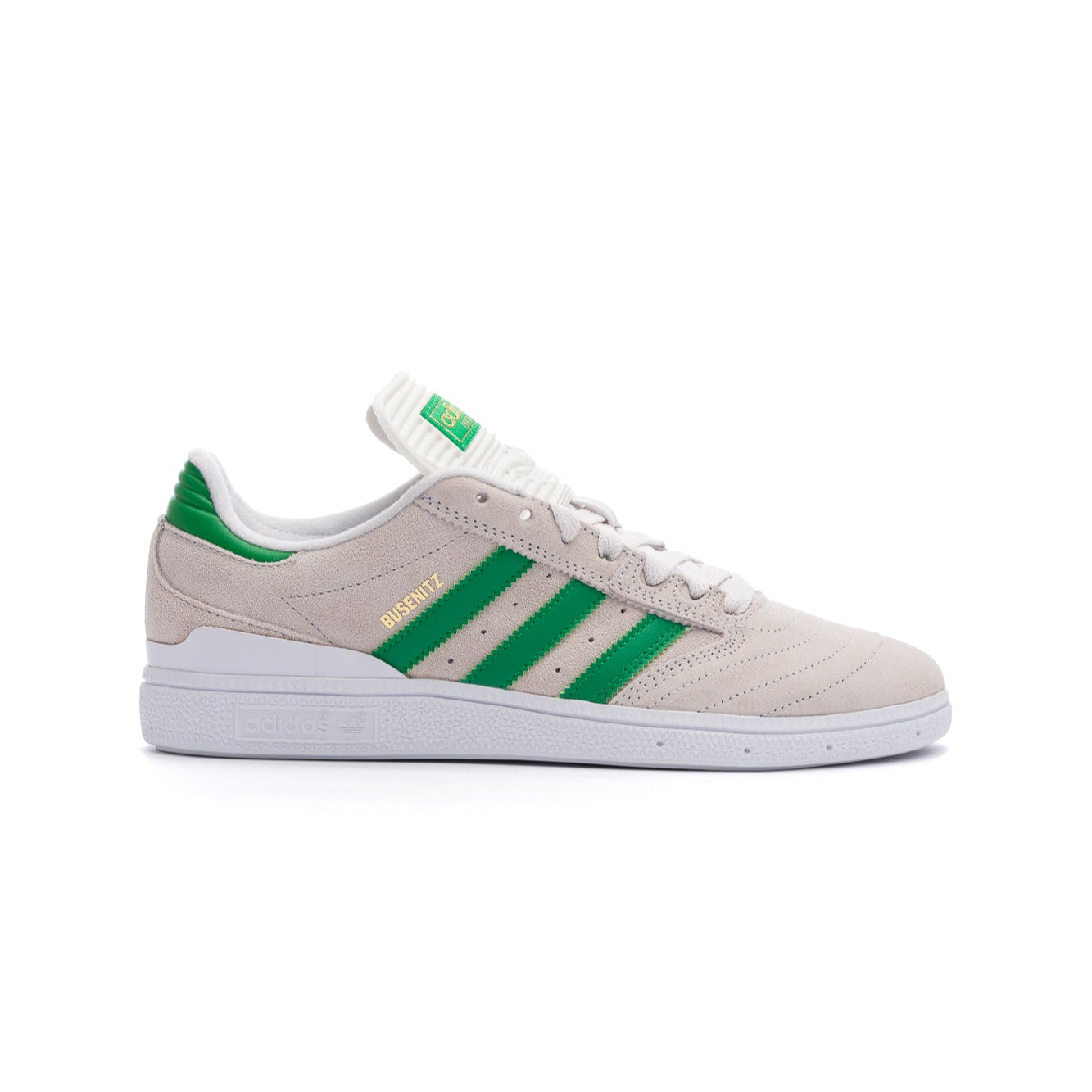 off white adidas men's dennis busenitz skateboard shoes with green stripes and white sole