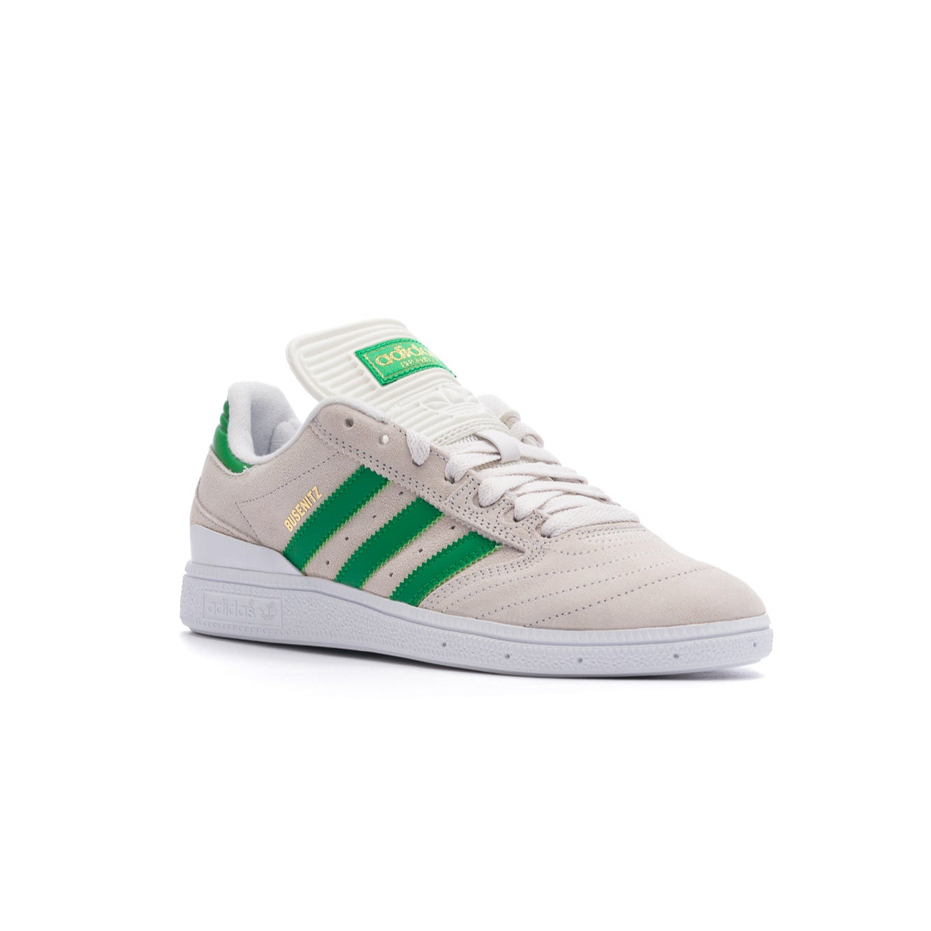 off white adidas men's dennis busenitz skateboard shoes with green stripes and white sole