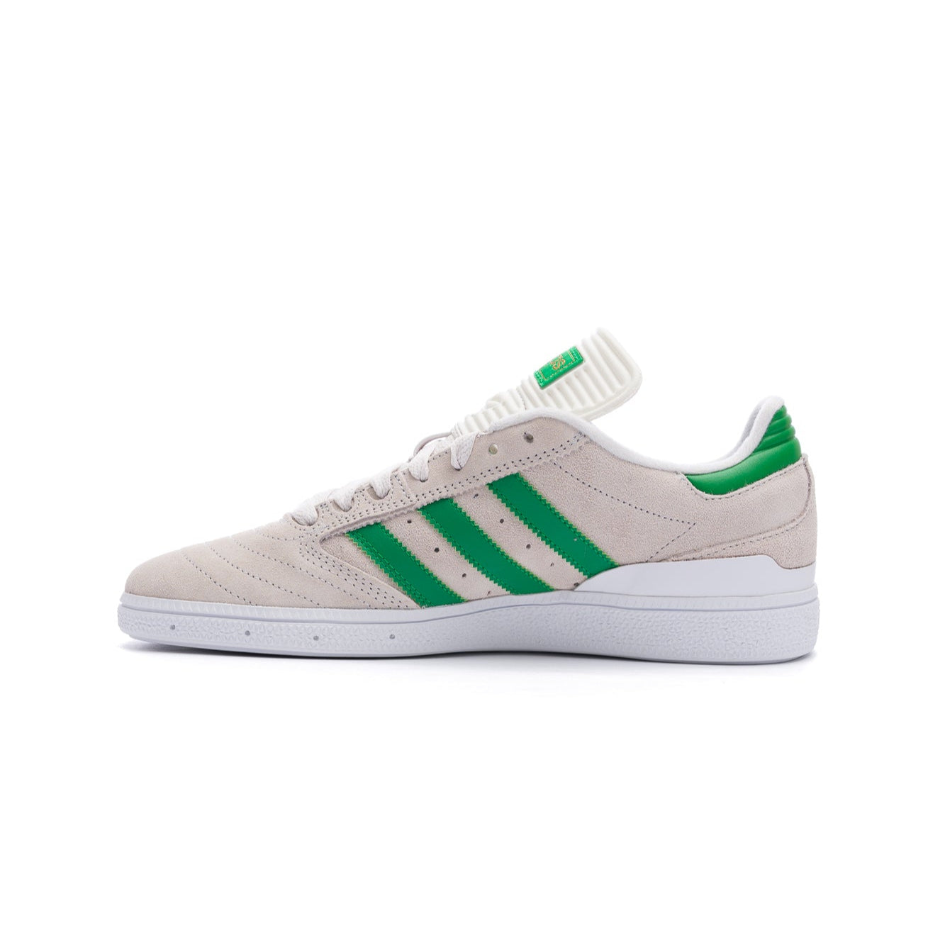 off white adidas men's dennis busenitz skateboard shoes with green stripes and white sole