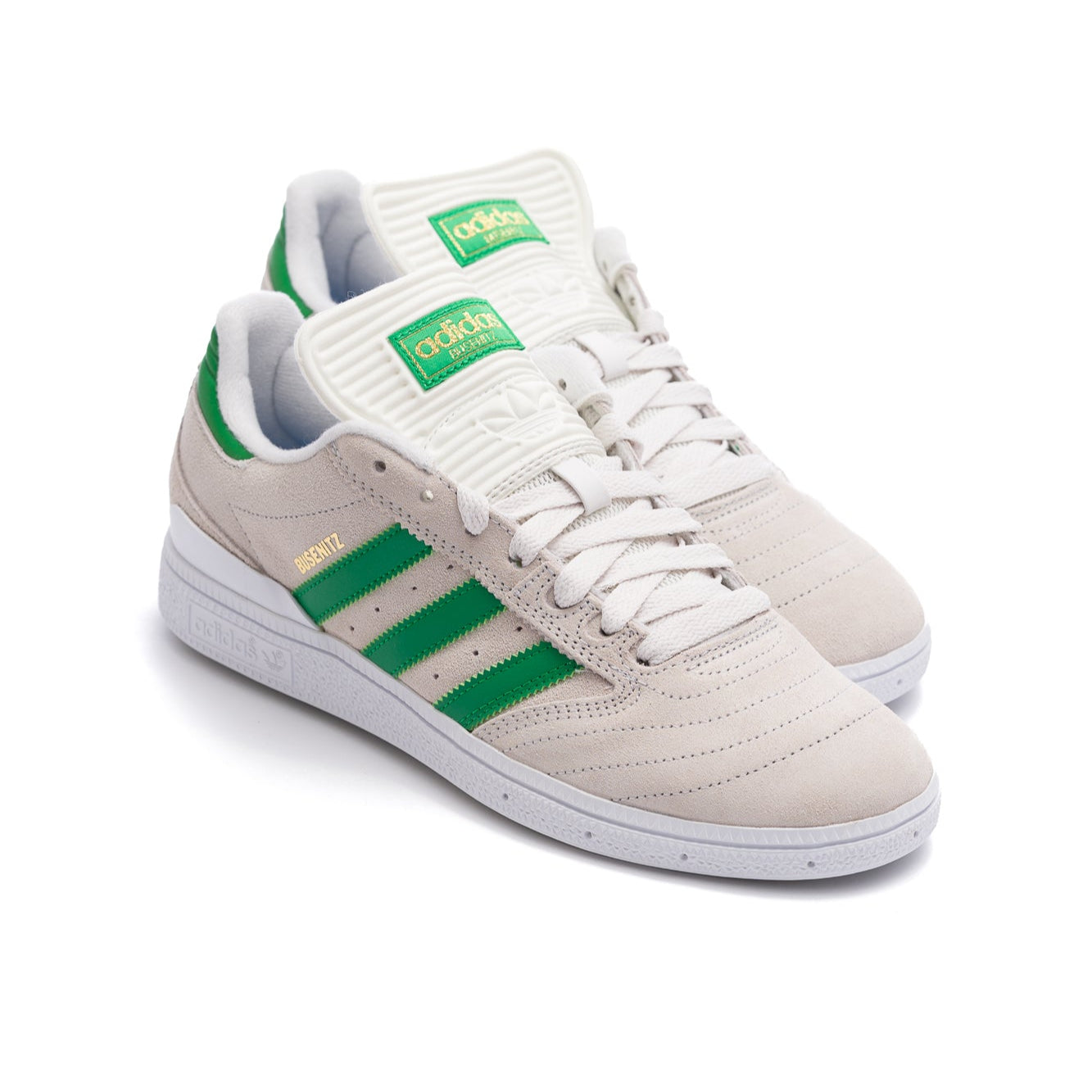 off white adidas men's dennis busenitz skateboard shoes with green stripes and white sole