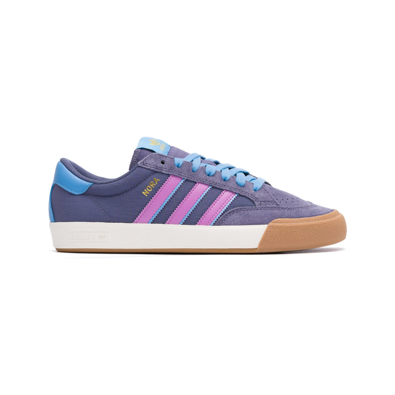 Purple adidas skateboarding sneaker with pink accents on a white background