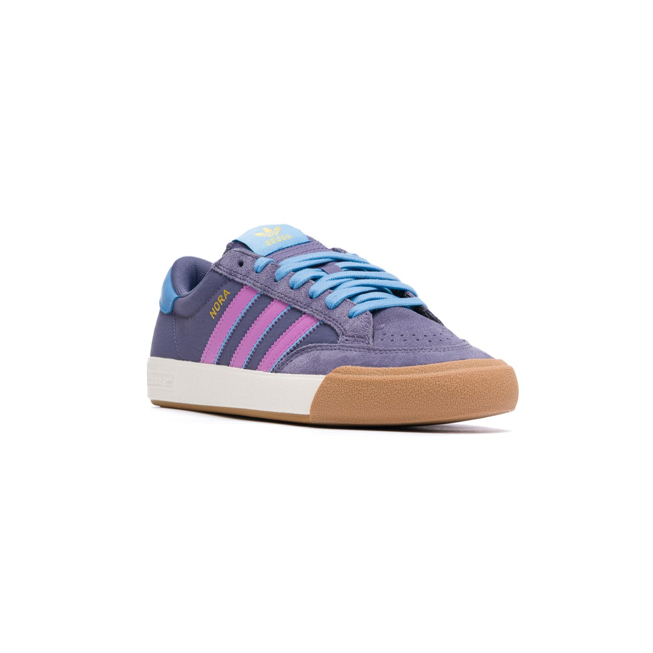 Purple adidas skateboarding sneaker with pink accents on a white background