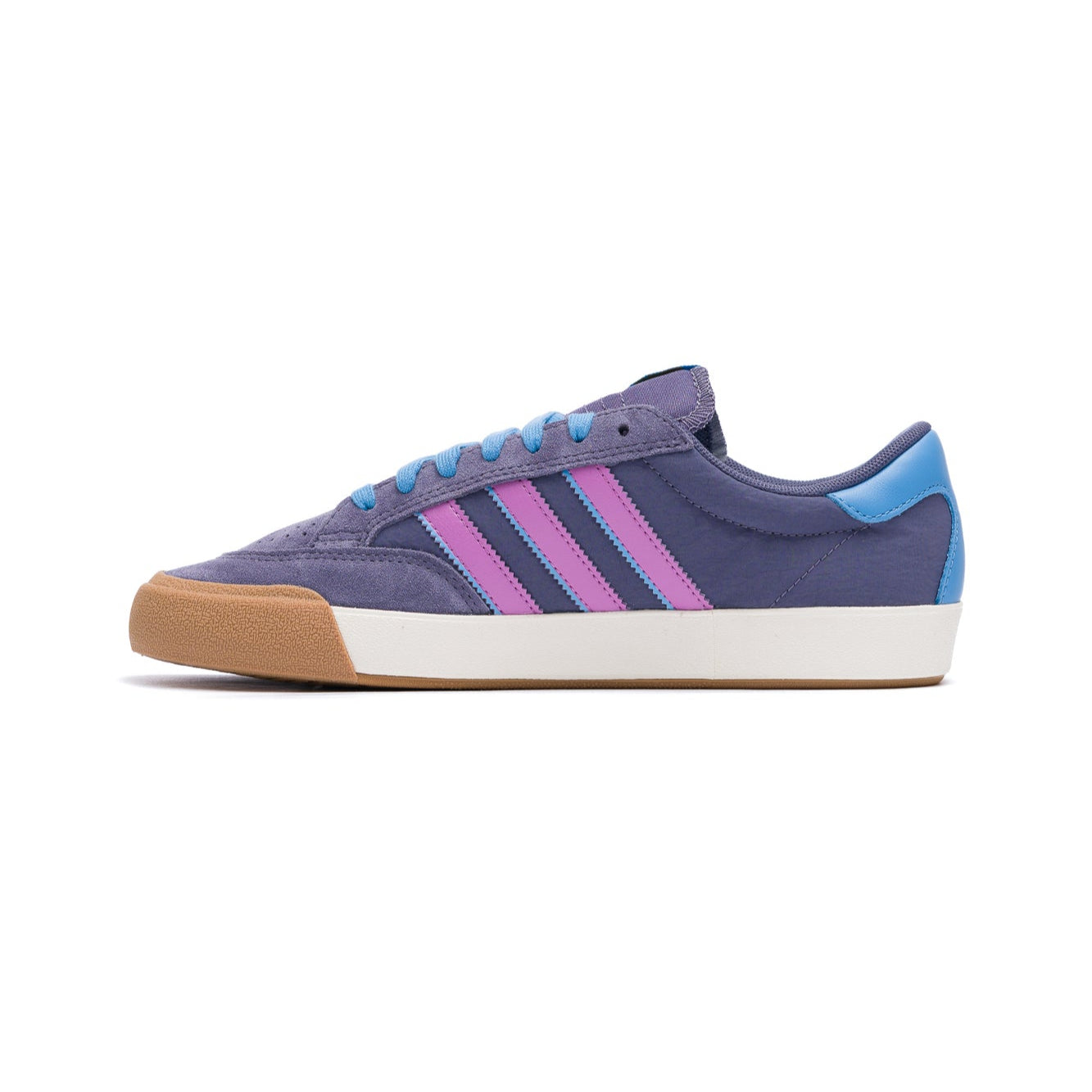 Purple adidas skateboarding sneaker with pink accents on a white background