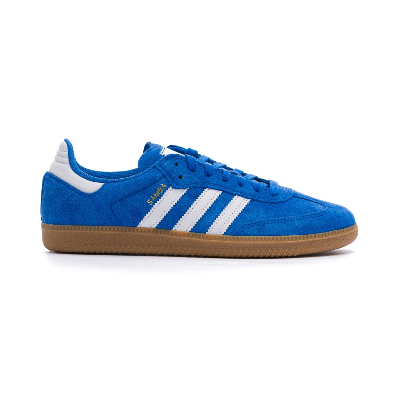 Blue Adidas samba adv sneaker with white stripes, gum bottom on a white background