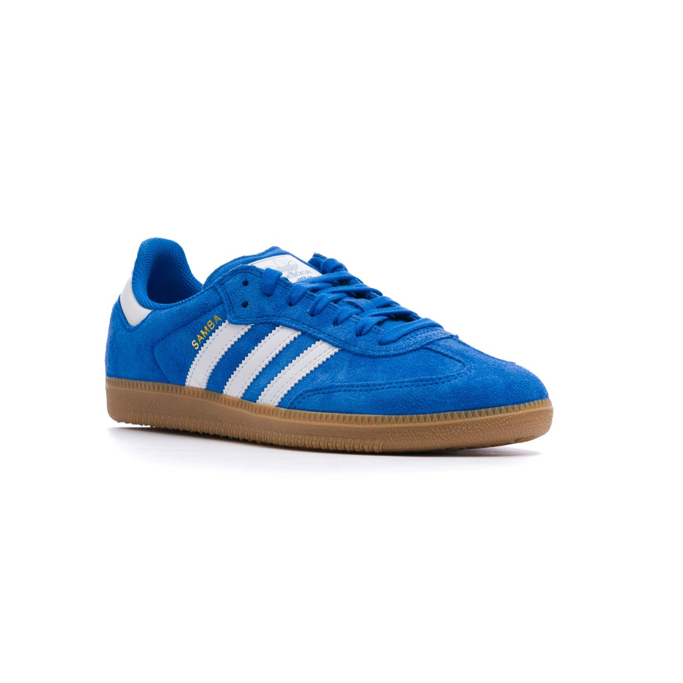 Blue Adidas samba adv sneaker with white stripes, gum bottom on a white background