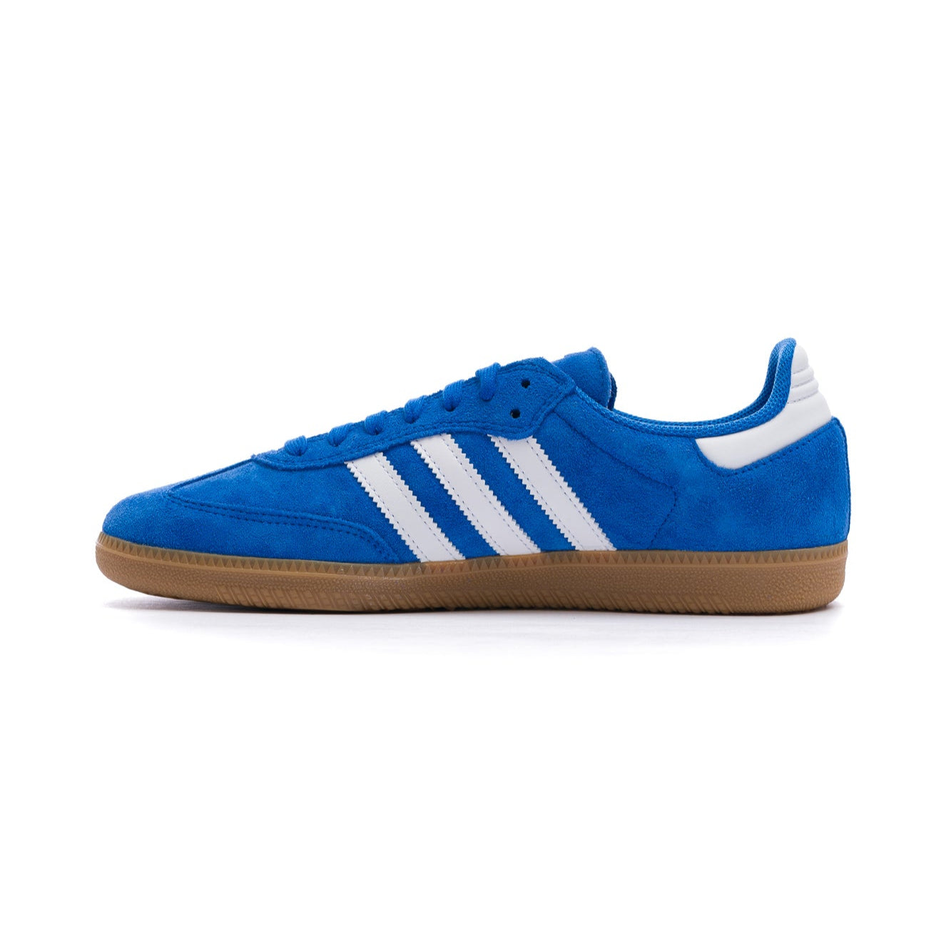 Blue Adidas samba adv sneaker with white stripes, gum bottom on a white background