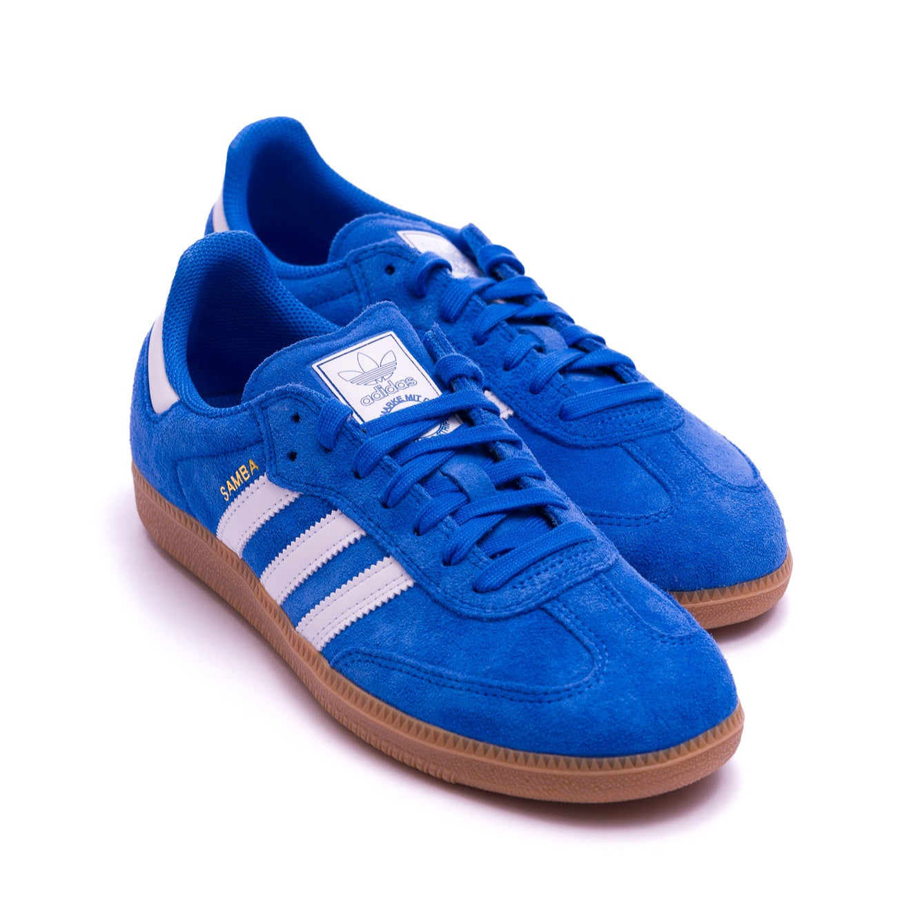Blue Adidas samba adv sneaker with white stripes, gum bottom on a white background