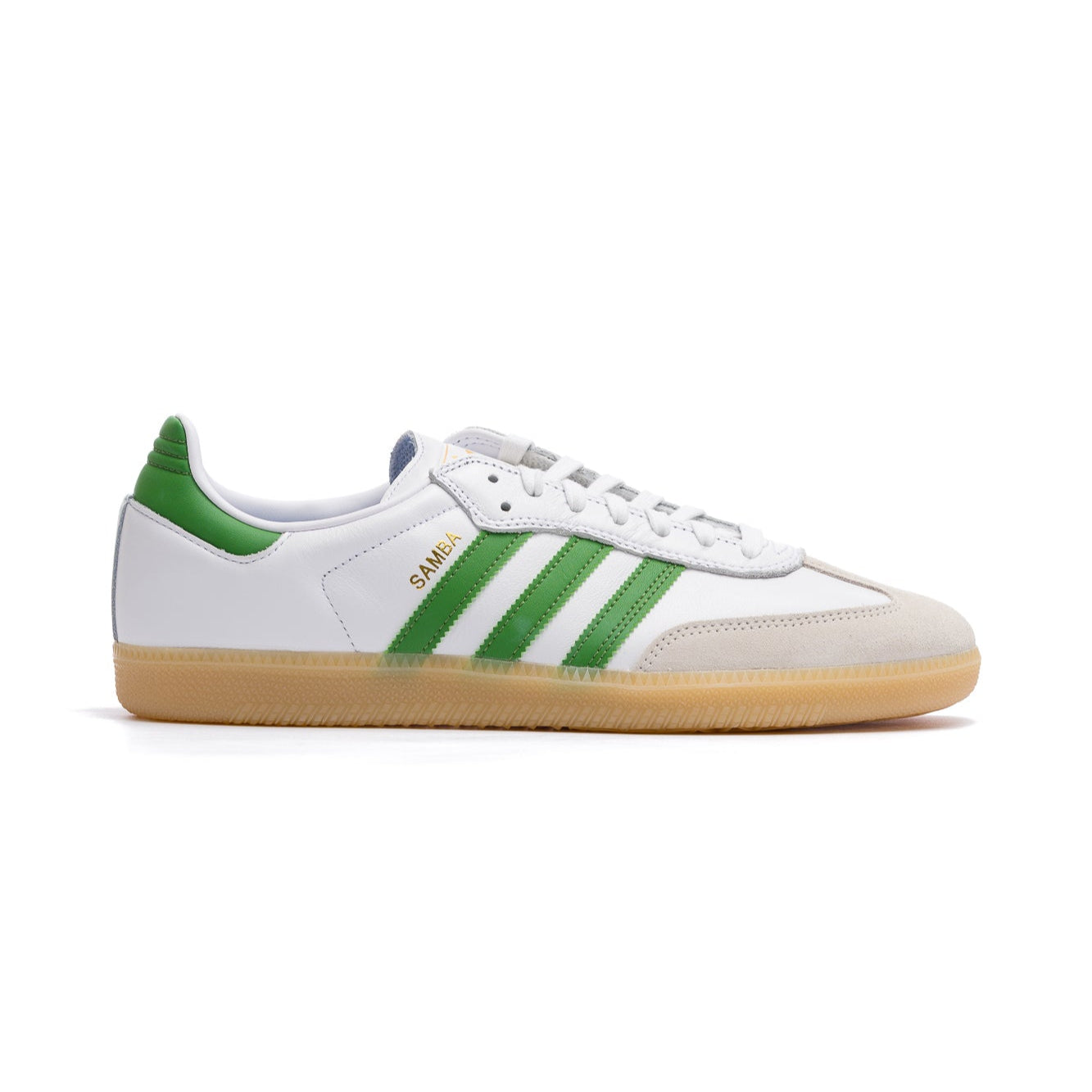 white leather adidas samba adv with grey suede to, gum sole and green stripes